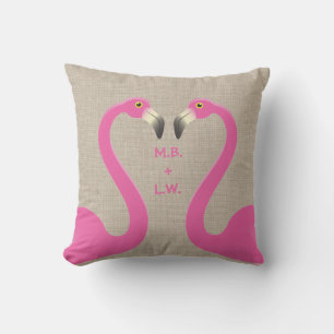 Monogram Kissing Flamingos Burlap Outdoor Pillow