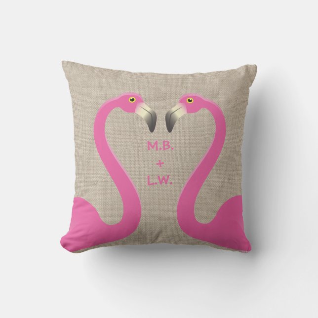 Monogram Kissing Flamingos Burlap Outdoor Pillow (Front)