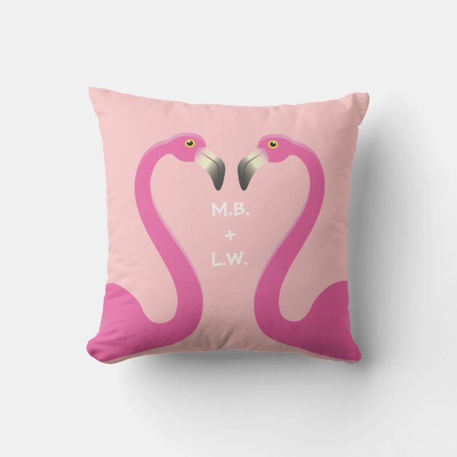 Monogram Kissing Flamingos Coral Outdoor Pillow (Front)