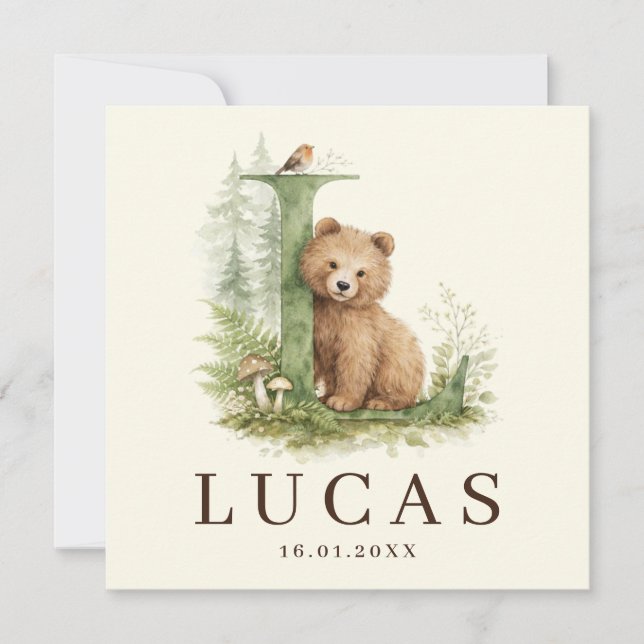 Monogram L Beer Neutral Woodland Creature Boy Birt Card (Front)