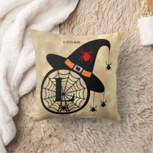 Monogram L Halloween Sky Witch Spiders Name Cushion