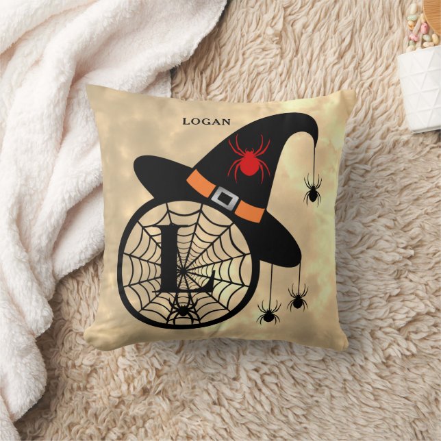 Monogram L Halloween Sky Witch Spiders Name Cushion (Blanket)