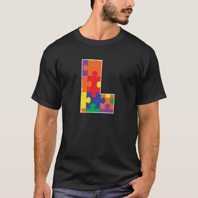 Monogram L in Multi Color Puzzle Pieces T-Shirt (Front)