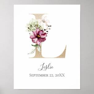 Monogram L Pink White Floral Gold Letter Nursery Poster