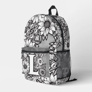 Monogram "L" Sunflower Pattern Black and White DIY Printed Backpack
