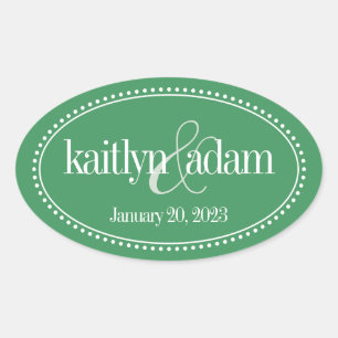 Monogram Label, Green, Caroline Wedding Oval Sticker