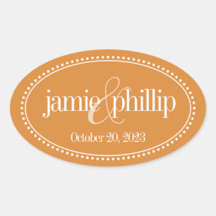 Monogram Label, Orange, Caroline Wedding Oval Sticker