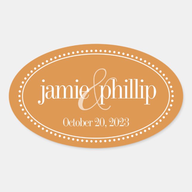 Monogram Label, Orange, Caroline Wedding Oval Sticker (Front)