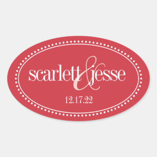 Monogram Label, Red, Caroline Wedding Oval Sticker