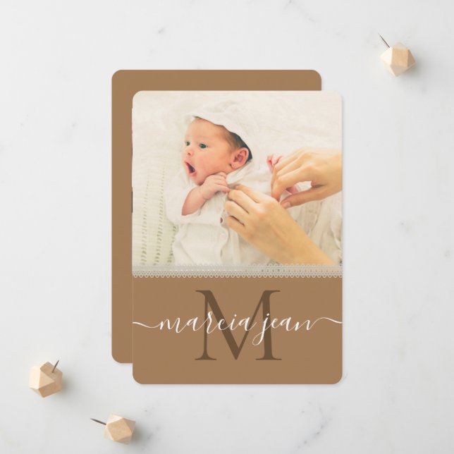 Monogram Lace Beige Photo Collage Newborn Girl  Announcement (Front/Back In Situ)
