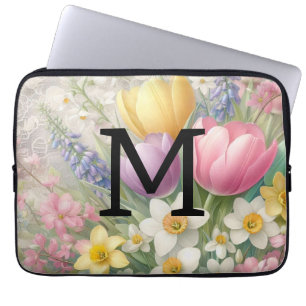 Monogram lace floral pastel pink tulips daffodils laptop sleeve