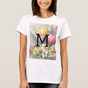 Monogram lace floral pastel pink tulips daffodils T-Shirt
