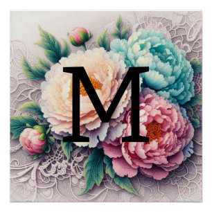 Monogram lace floral pink orange blue peonies  poster