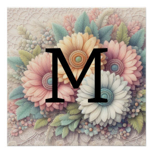 Monogram lace floral pink orange gerbera daisies  poster