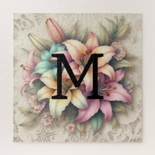 Monogram lace floral pink orange teal lilies jigsaw puzzle