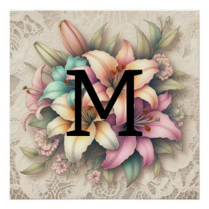 Monogram lace floral pink orange teal lilies poster