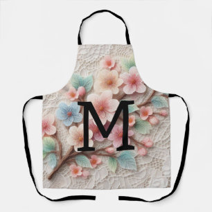 Monogram lace floral pink pastel cherry blossom apron