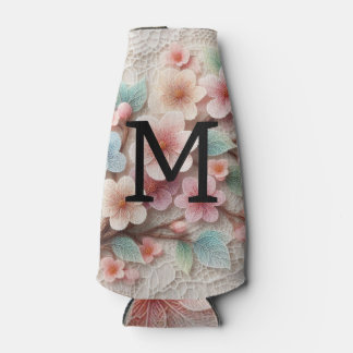 Monogram lace floral pink pastel cherry blossom  bottle cooler
