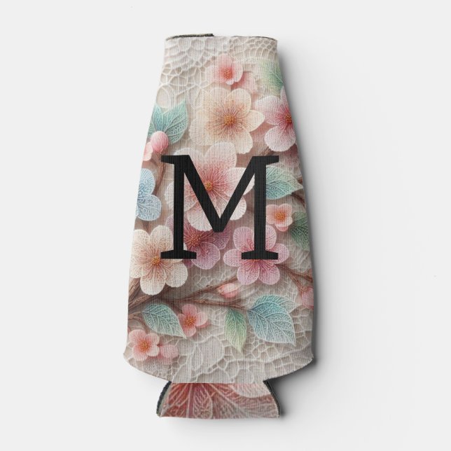 Monogram lace floral pink pastel cherry blossom  bottle cooler (Front)