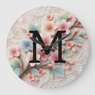 Monogram lace floral pink pastel cherry blossom large clock