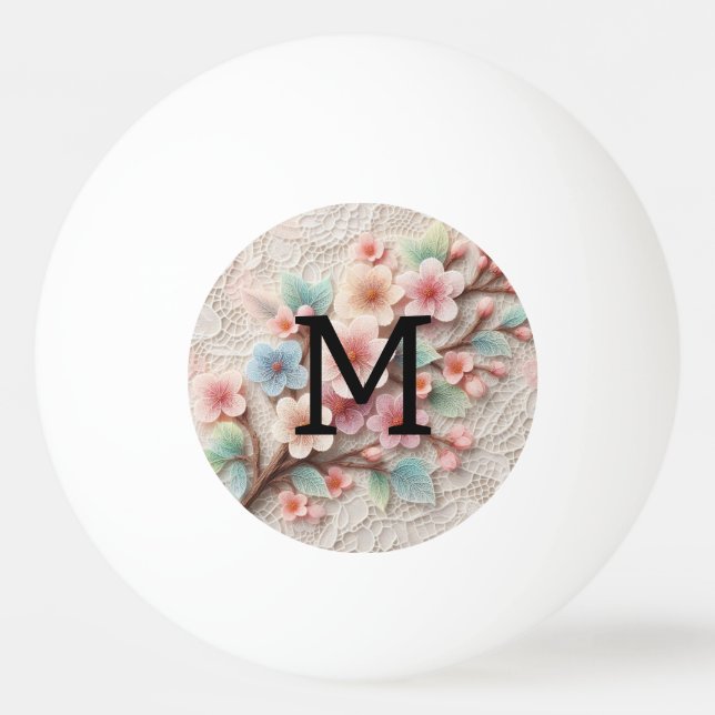 Monogram lace floral pink pastel cherry blossom  ping pong ball (Front)
