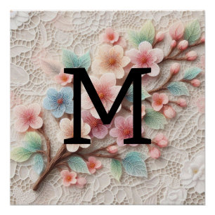 Monogram lace floral pink pastel cherry blossom poster