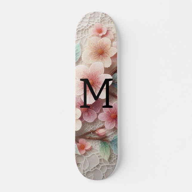 Monogram lace floral pink pastel cherry blossom  skateboard (Front)