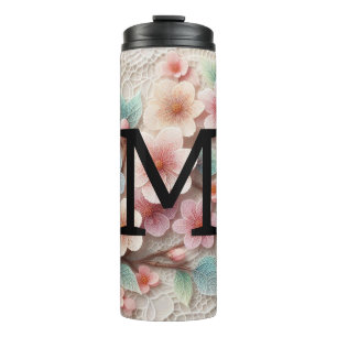 Monogram lace floral pink pastel cherry blossom thermal tumbler