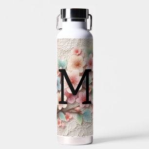 Monogram lace floral pink pastel cherry blossom water bottle