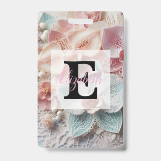 Monogram lace floral pink pastel orchid flowers  ID badge