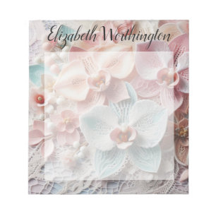 Monogram lace floral pink pastel orchid flowers notepad