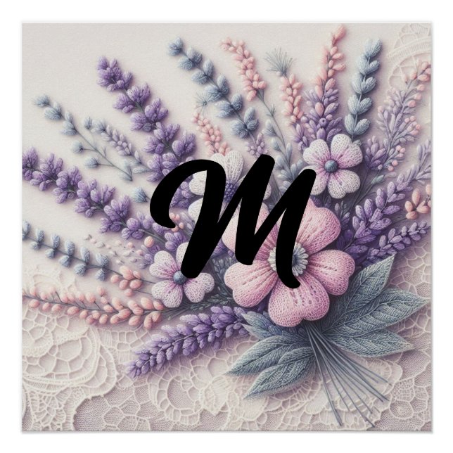 Monogram lace floral pink purple blue lavender  poster (Front)