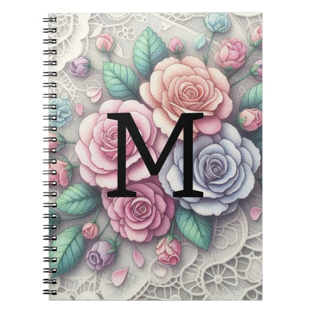 Monogram lace floral pink purple blue roses notebook (Front)