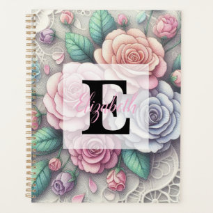 Monogram lace floral pink purple blue roses planner