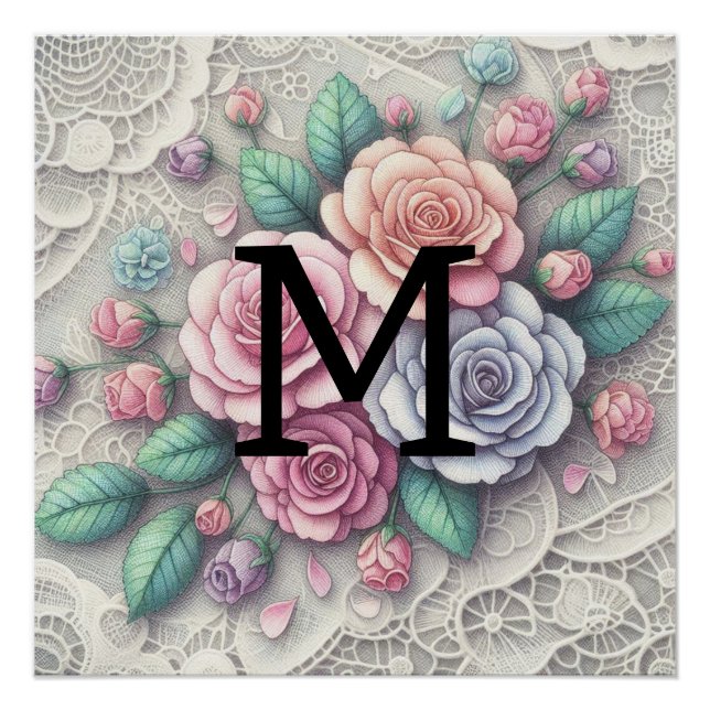 Monogram lace floral pink purple blue roses poster (Front)