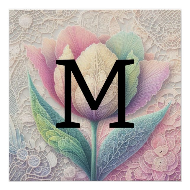 Monogram lace floral pink purple blue tulip flower poster (Front)