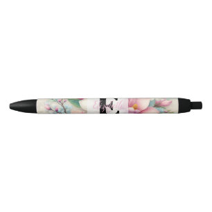 Monogram lace floral pink purple magnolia flower black ink pen