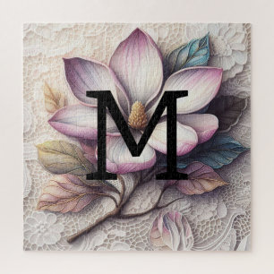 Monogram lace floral pink purple magnolia flower jigsaw puzzle