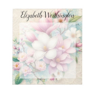 Monogram lace floral pink purple magnolia flower notepad