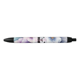 Monogram lace floral pink purple pansies flowers black ink pen
