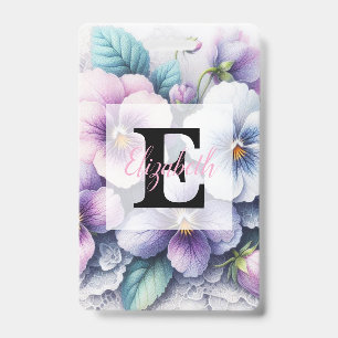 Monogram lace floral pink purple pansies flowers  ID badge