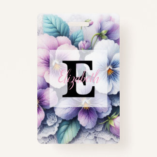 Monogram lace floral pink purple pansies flowers  ID badge