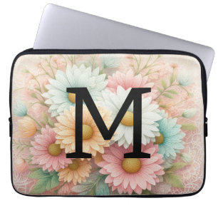 Monogram lace floral pink white blue daisies laptop sleeve