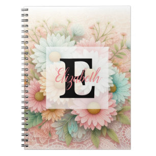 Monogram lace floral pink white blue daisies notebook
