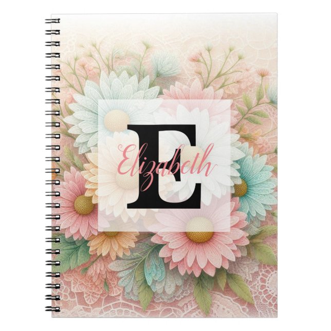 Monogram lace floral pink white blue daisies  notebook (Front)