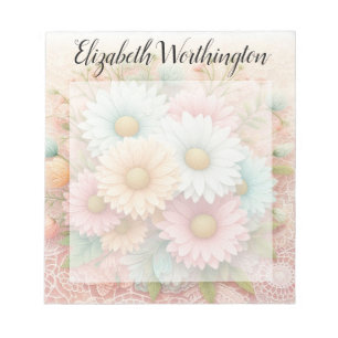 Monogram lace floral pink white blue daisies notepad