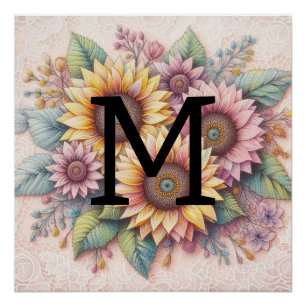 Monogram lace floral pink yellow orange sunflowers poster