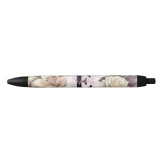 Monogram lace floral purple roses lavender lilies  black ink pen