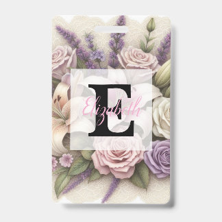 Monogram lace floral purple roses lavender lilies  ID badge
