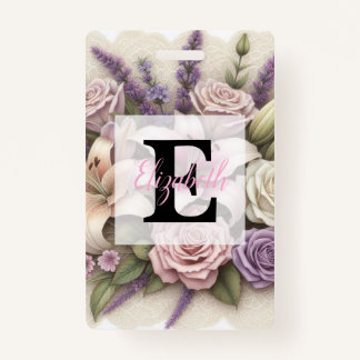 Monogram lace floral purple roses lavender lilies  ID badge